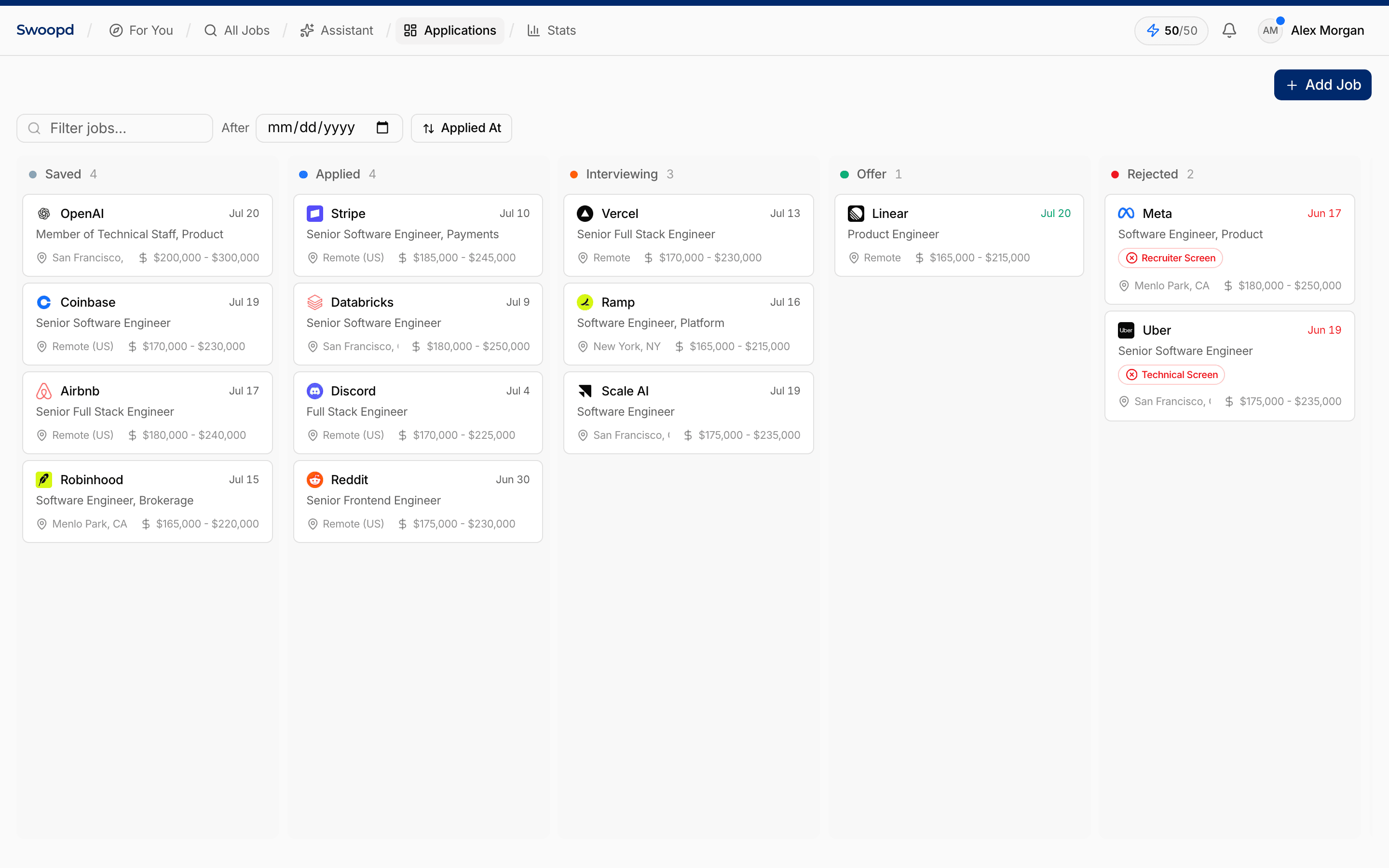The application tracking kanban board with columns from Saved through Offer