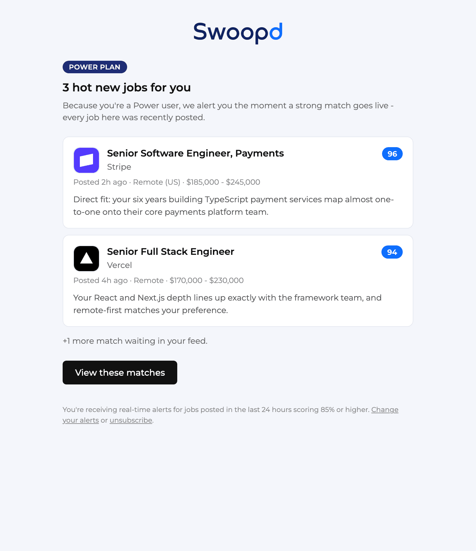 A hot-match alert email listing freshly posted jobs with match scores