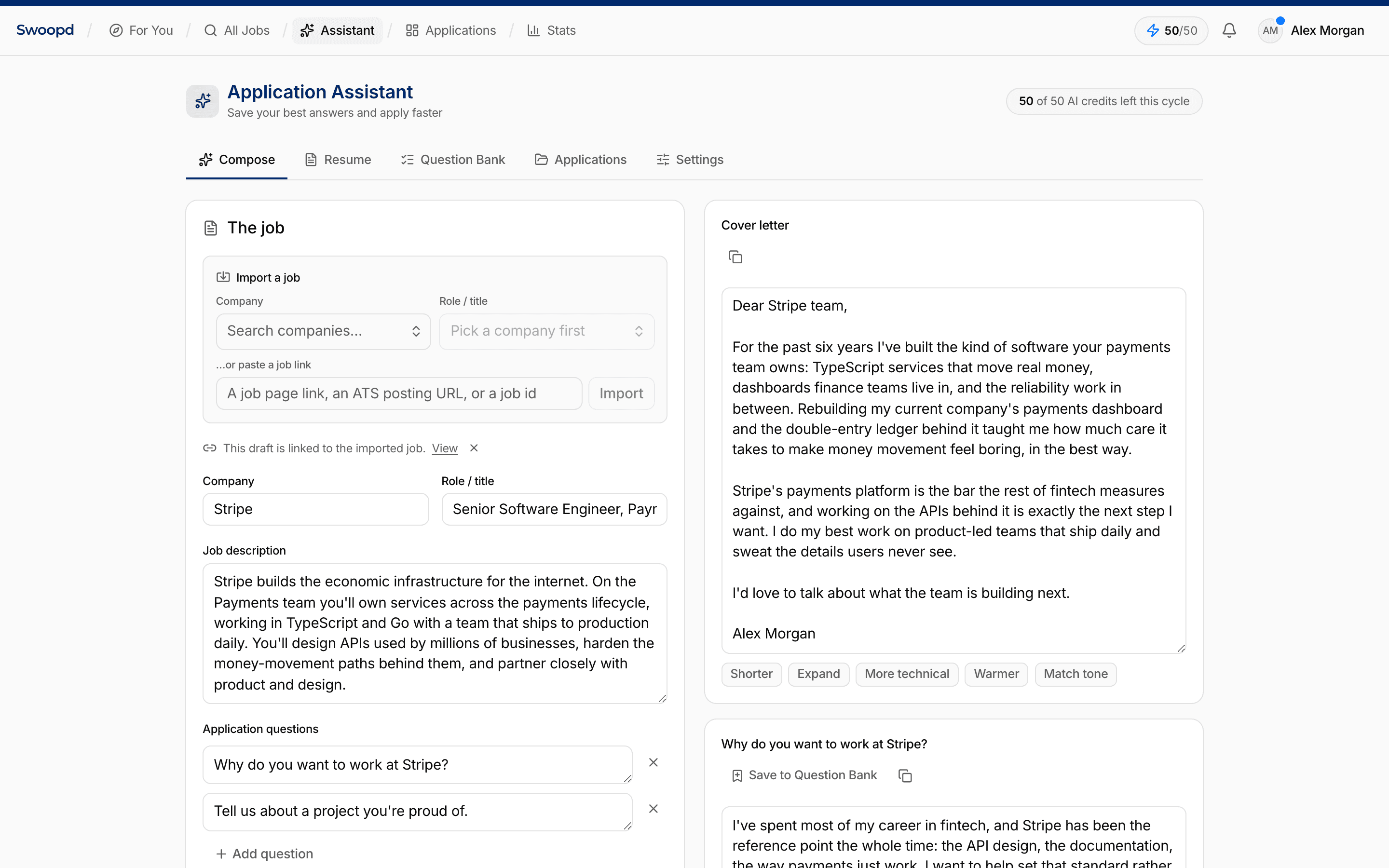 The Application Assistant with a drafted cover letter and application answers for a Stripe role