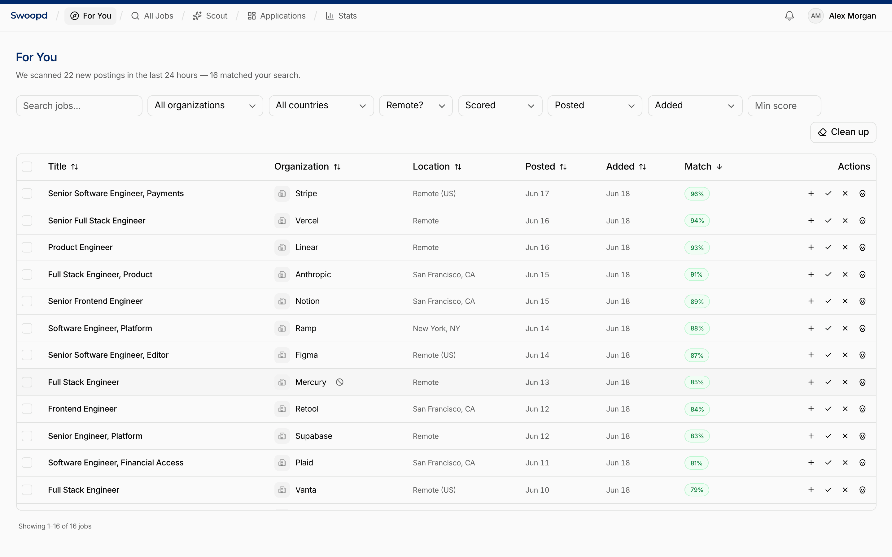 Swoopd For You feed showing AI-matched jobs with match scores
